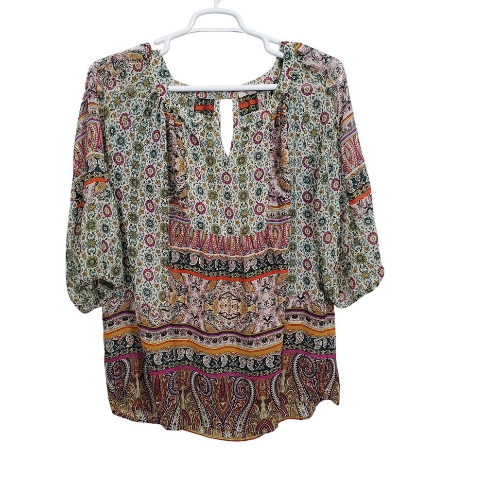 Roz & Ali 2X Tunic Blouse Bohemian Keyhole Flowy 3/4 Sleeve Lightweight Casual - Picture 2 of 12
